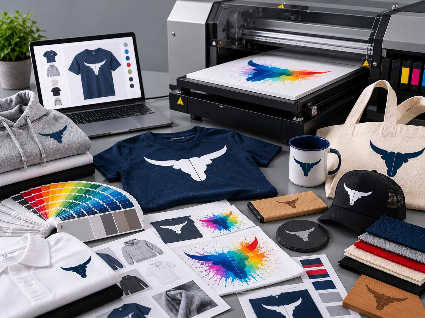 UV-Drucker und Laptop als Einblick in die Vorbereitung und Umsetzung individueller Druckprojekte