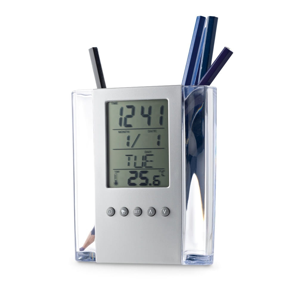 EDEM. Stiftehalter aus Acryl mit Digitaluhr Satinsilber