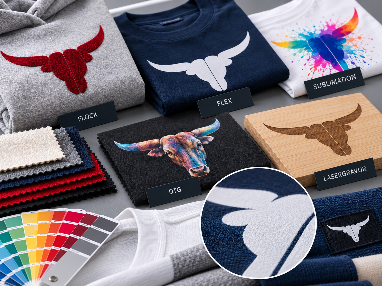 Detailansicht verschiedener Druckmuster zum Vergleich von Motivwirkung und Oberfläche