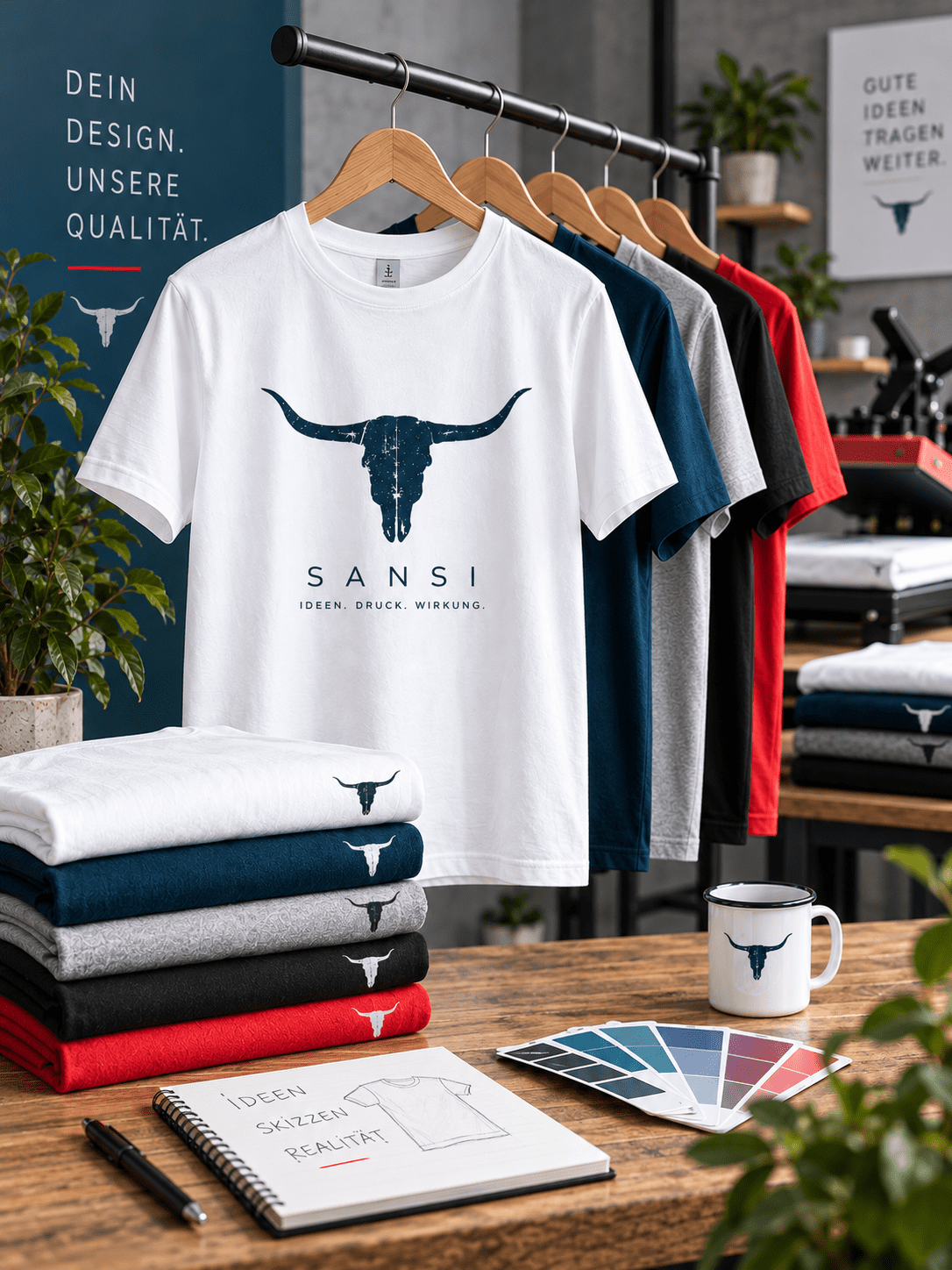 Produktpräsentation individuell gestalteter T-Shirts von SANSI im Hochformat